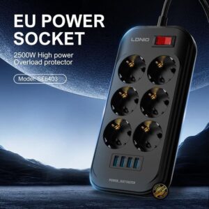 Ldnio Multiprise SE6403 Defender Series 2500W avec 6 Prises EU et 4 Ports USB – Câble 2 m, Protection Enfants
